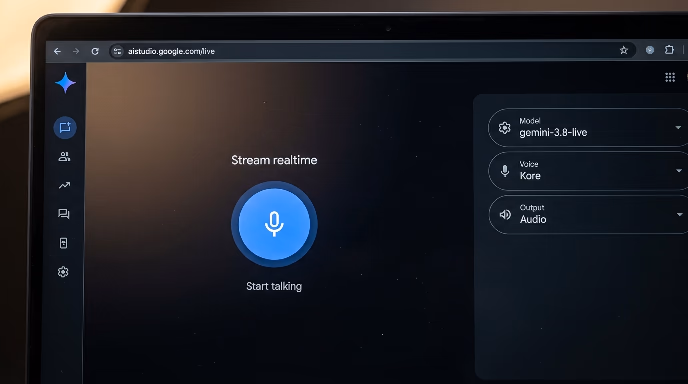 How to talk to Gemini Live in a browser, the Google AI Studio live page with its microphone button and model picker