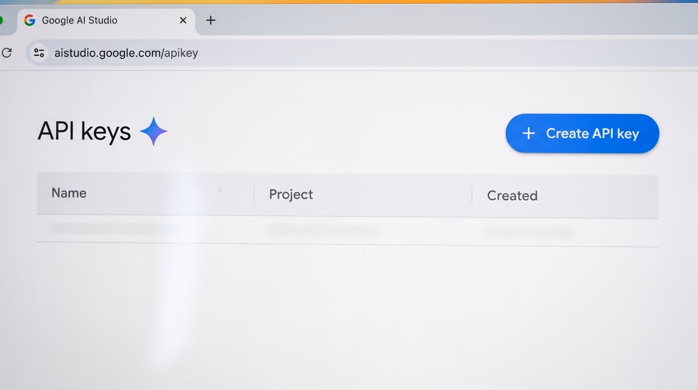 How to get a Gemini API key, the Google AI Studio API keys page with the Create API key button