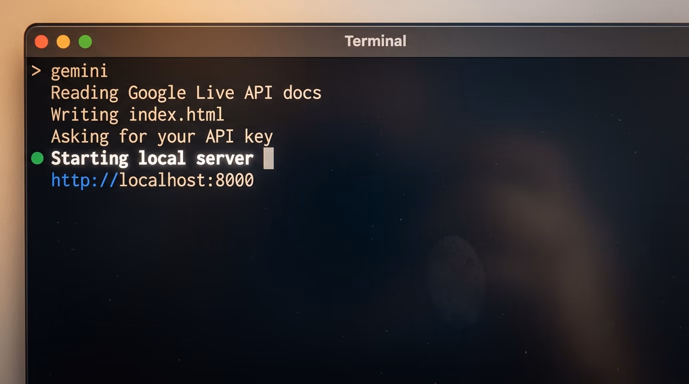 How to build a Gemini Live page with one prompt, a terminal showing a coding agent writing index.html and starting a local server