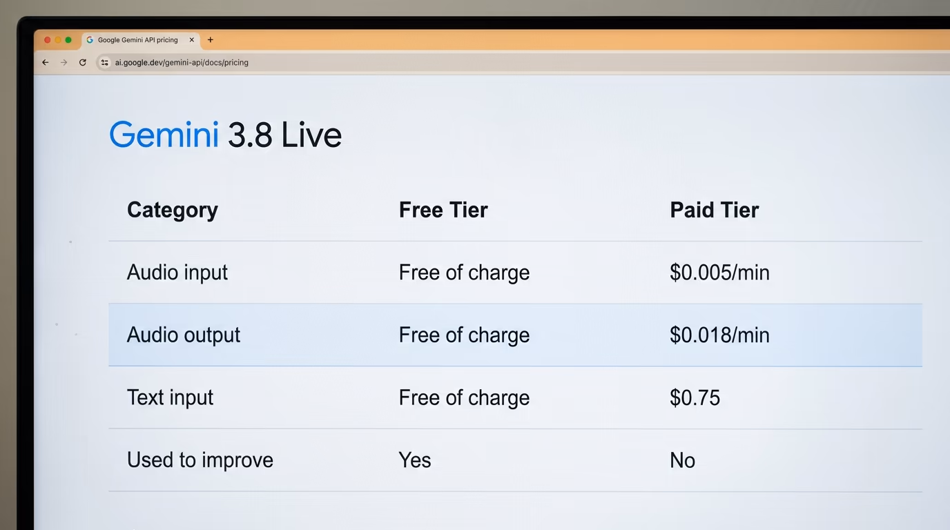 What the Gemini Live API costs, the Google pricing page showing free of charge against the per minute audio rates