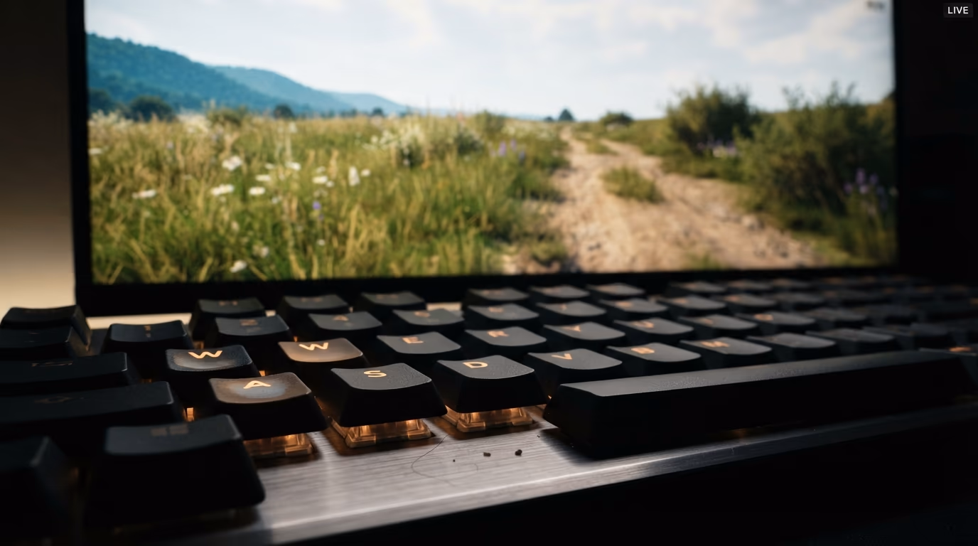 What a world model does, a keyboard steering a generated landscape on screen