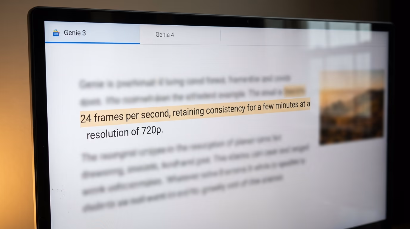 What Google published about Genie 4, next to the Genie 3 page that named its resolution