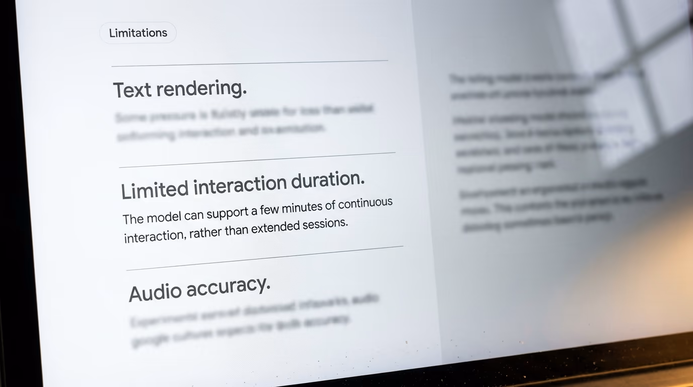 Genie 4 limitations, the published line saying a few minutes of continuous interaction