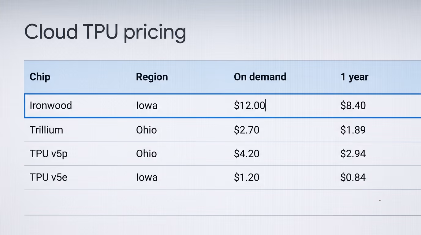 Google Cloud TPU pricing page showing the hourly price per chip