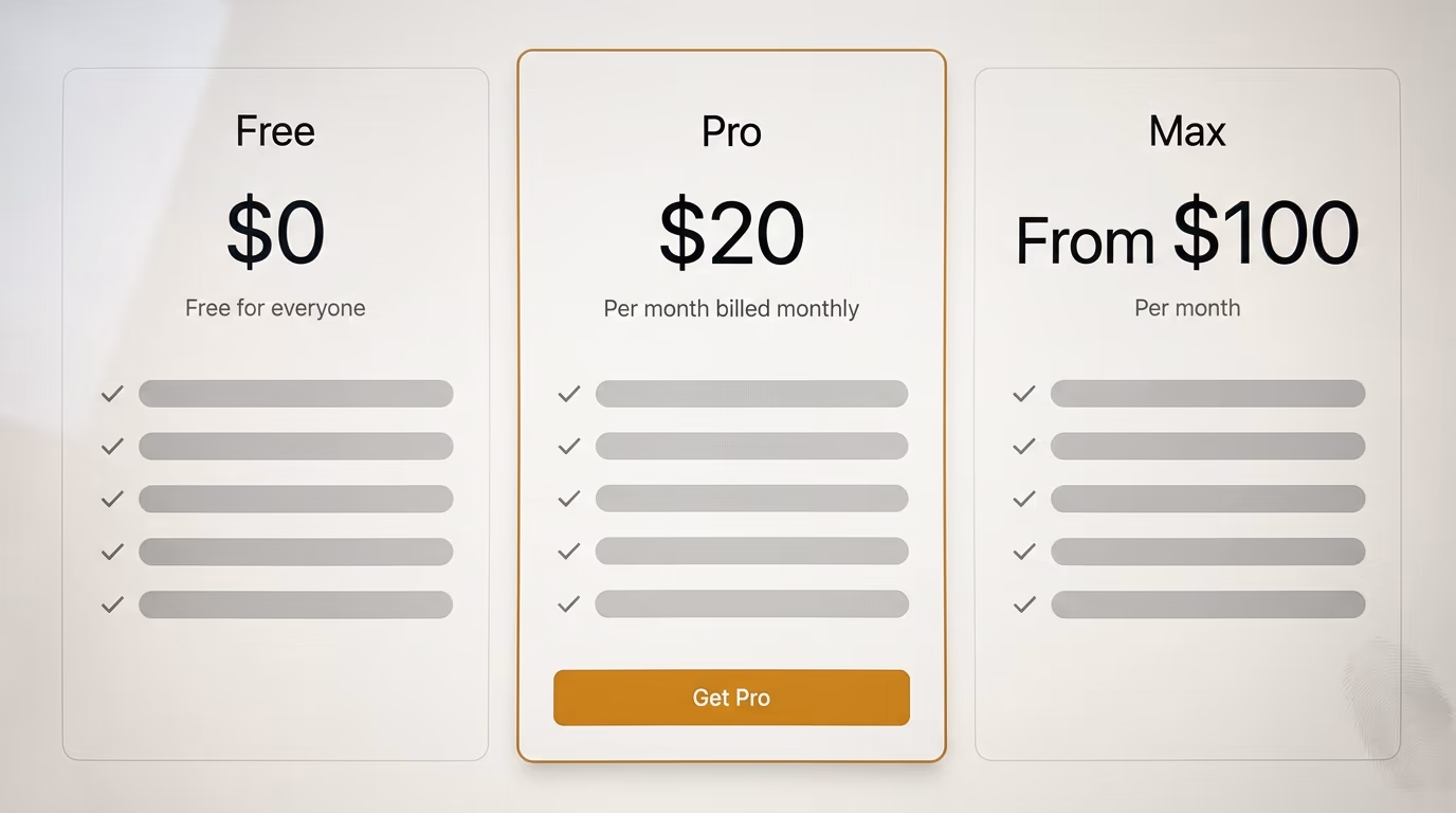AI subscription pricing cards showing Free at $0, Pro at $20 and Max from $100 a month