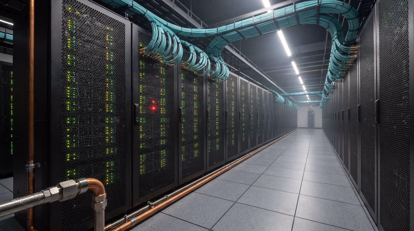 AI data center hall with GPU racks and fiber cabling, where AI revenue is spent