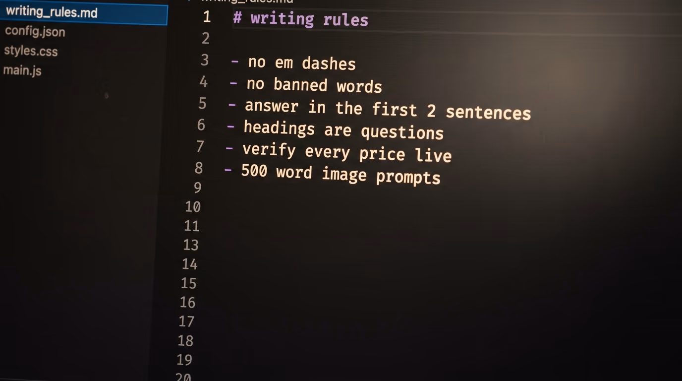Code editor showing the writing rules markdown file used by the SEO agent