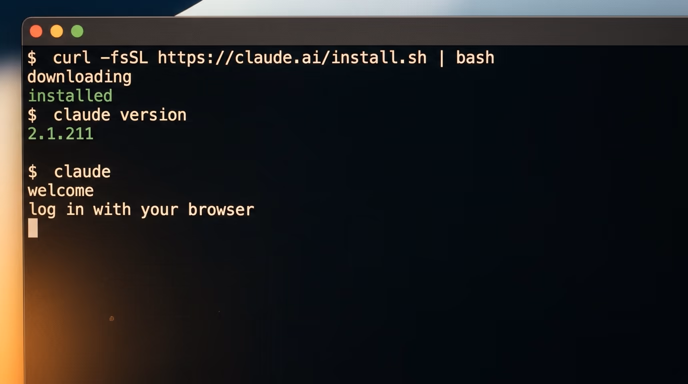 Terminal showing the Claude Code install command, the version check and the login prompt
