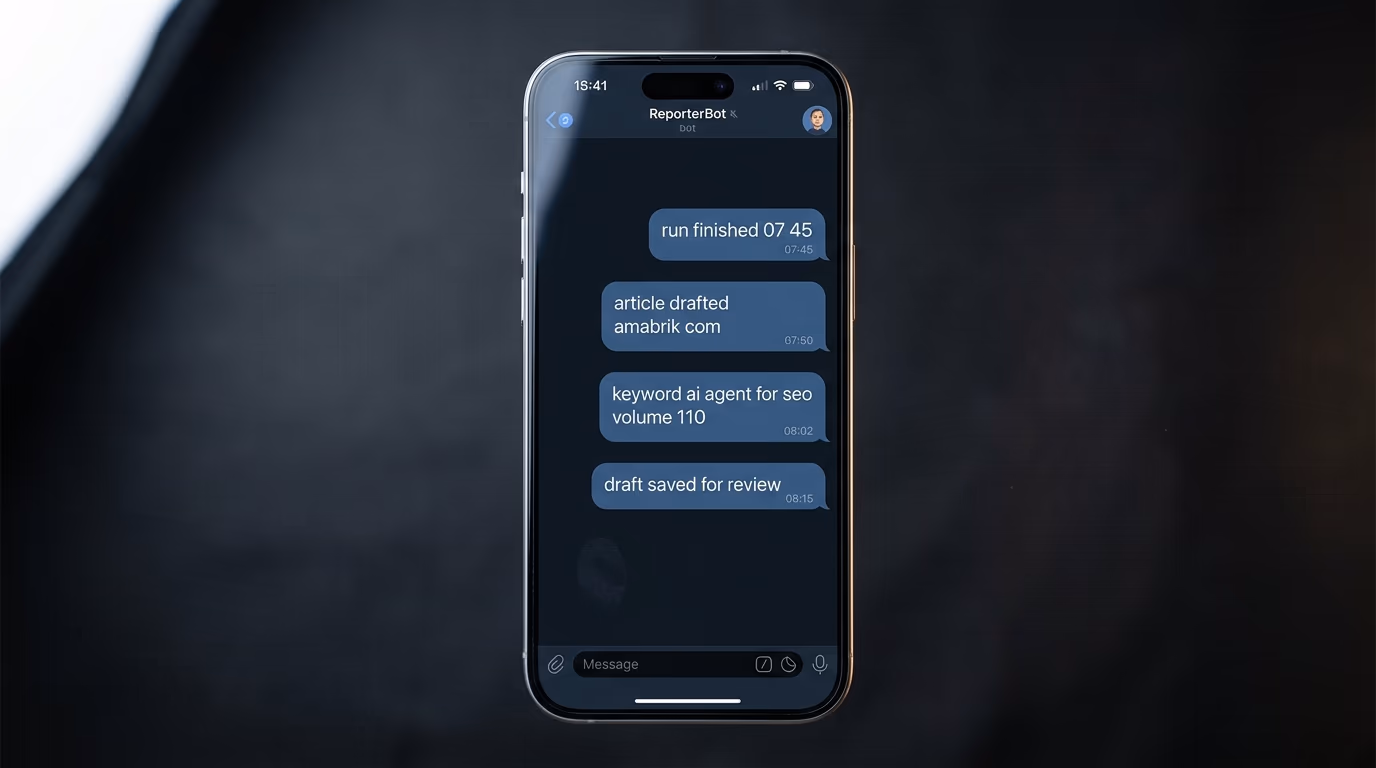Telegram thread showing the nightly SEO agent report with the keyword and the saved draft