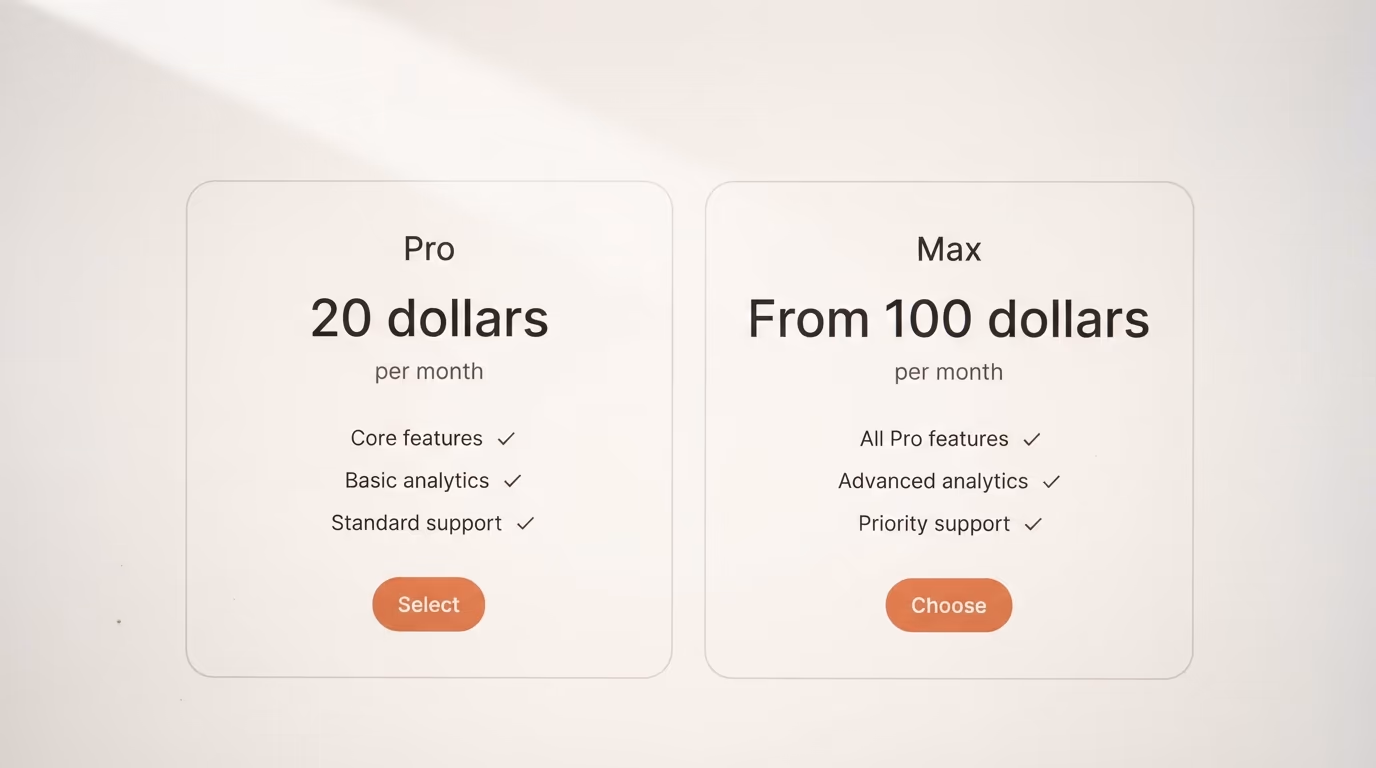Pricing cards showing the Pro plan at 20 dollars a month and the Max plan from 100 dollars a month