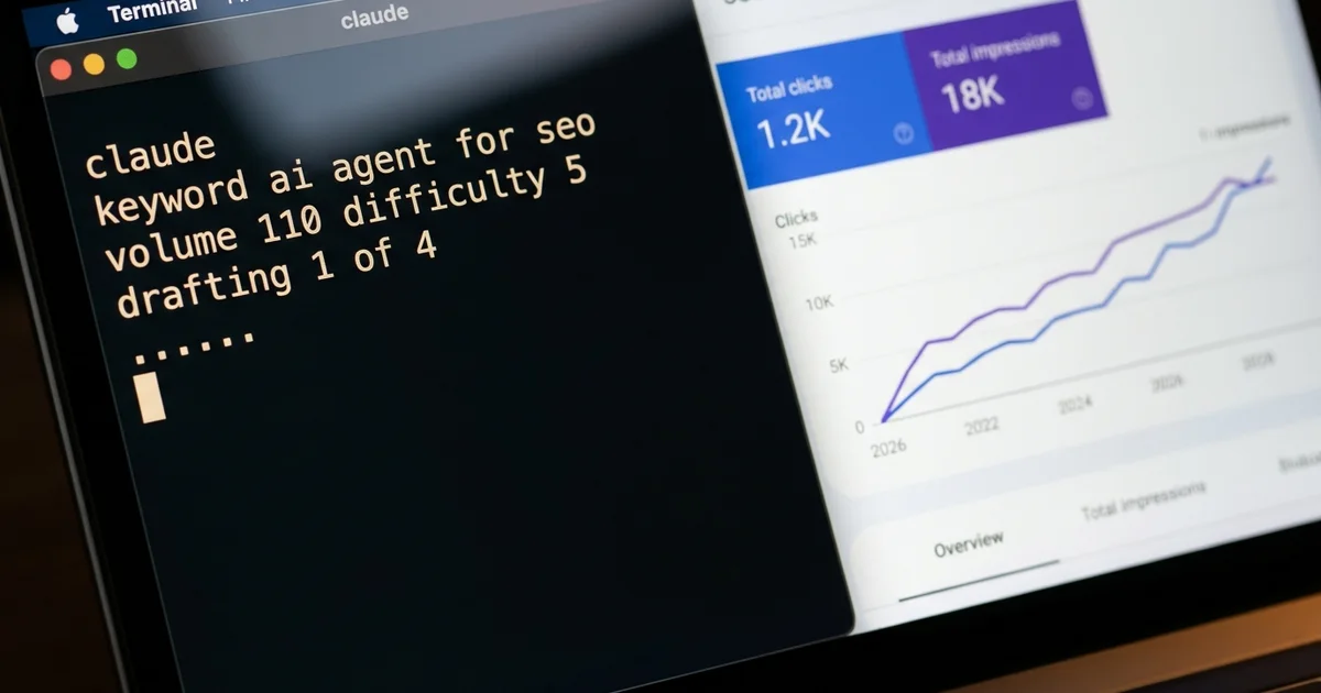 AI agent for SEO running in a terminal beside a Google Search Console performance chart