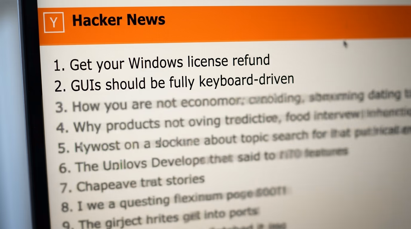 The Hacker News front page with its orange header bar and numbered story list