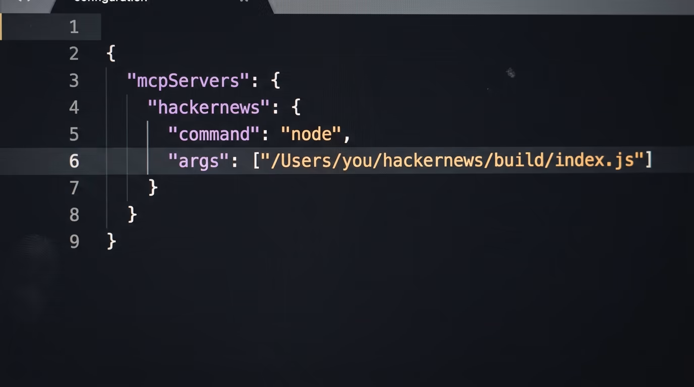 Text editor showing the claude_desktop_config.json file with the hackernews MCP server entry