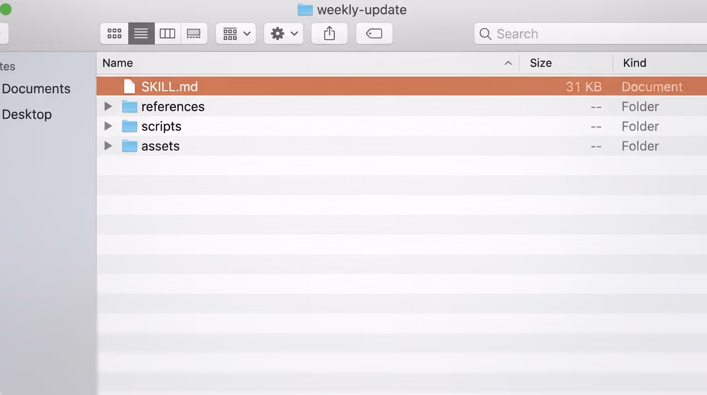 A skill folder on disk holding SKILL.md next to the references, scripts and assets folders