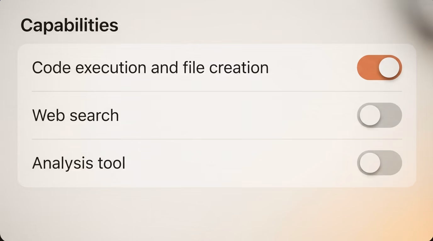 The Capabilities settings in the Claude app with code execution and file creation switched on