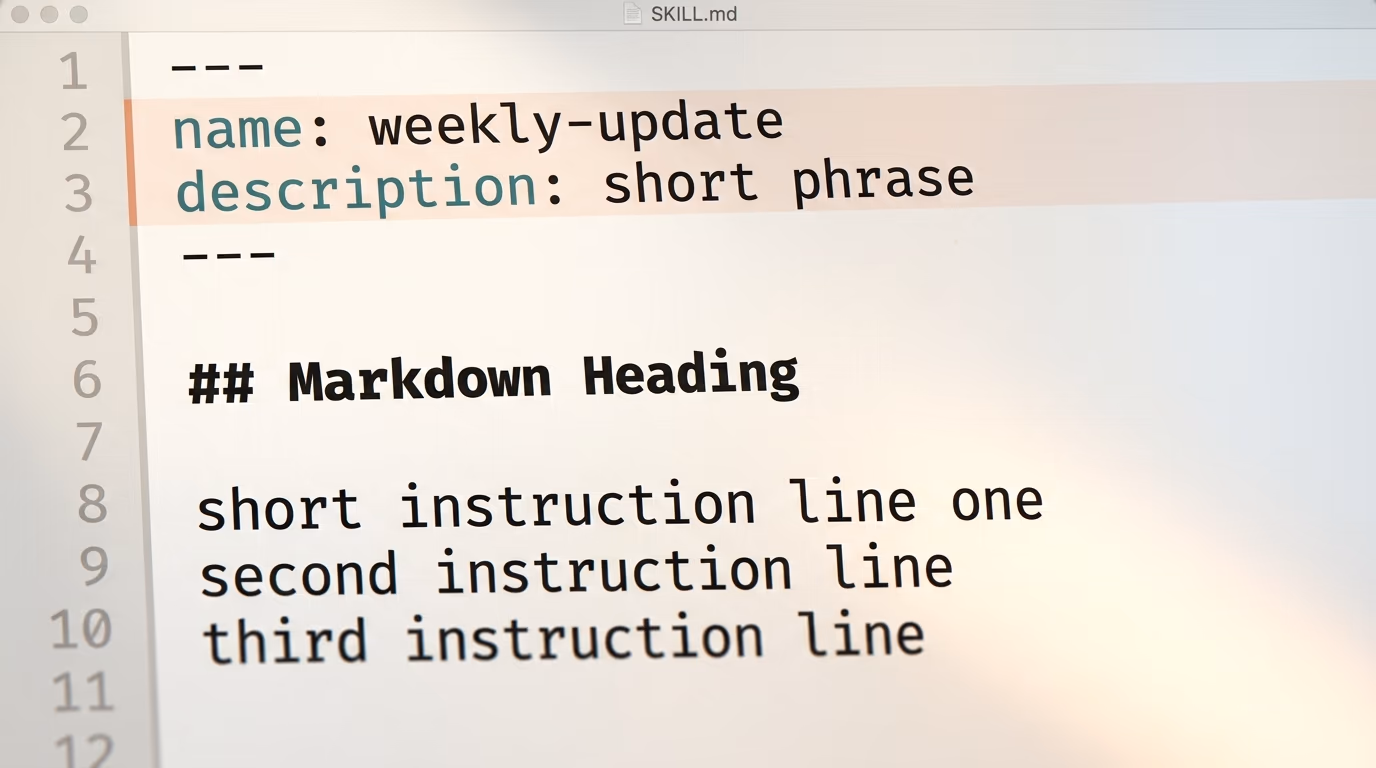 A SKILL.md file open in a plain text editor showing the name and description fields in its YAML header