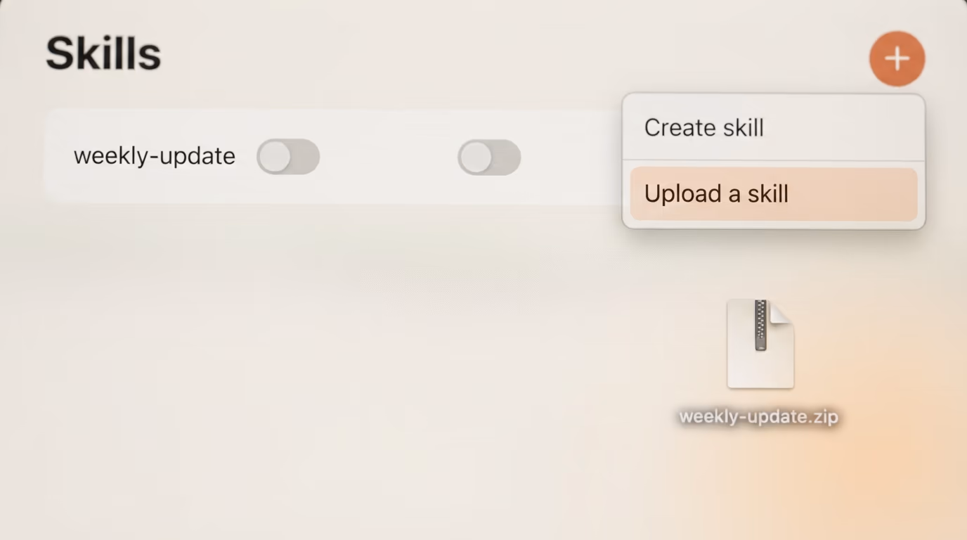 The plus menu open in the Claude Skills panel with Upload a skill highlighted and a zipped skill folder beside it