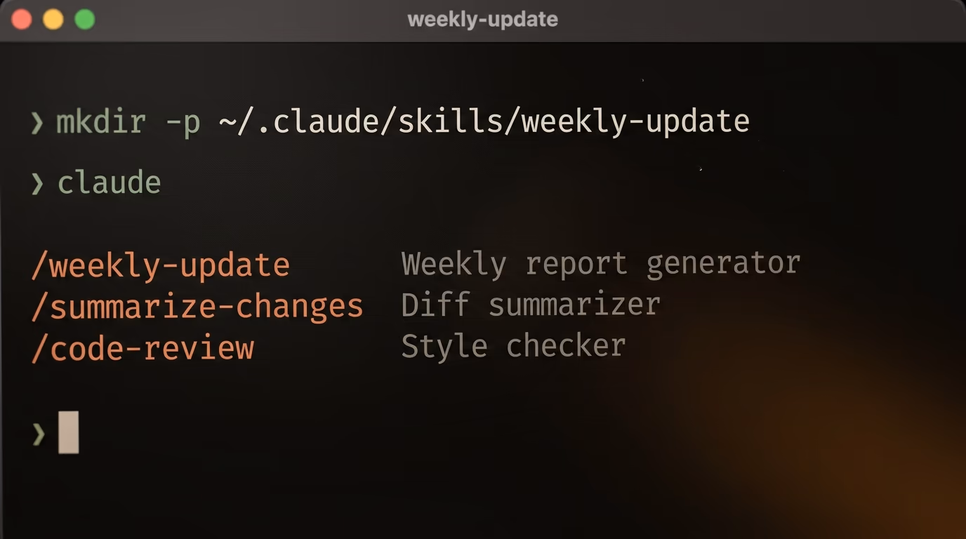 A terminal running Claude Code and listing the loaded skills as slash commands