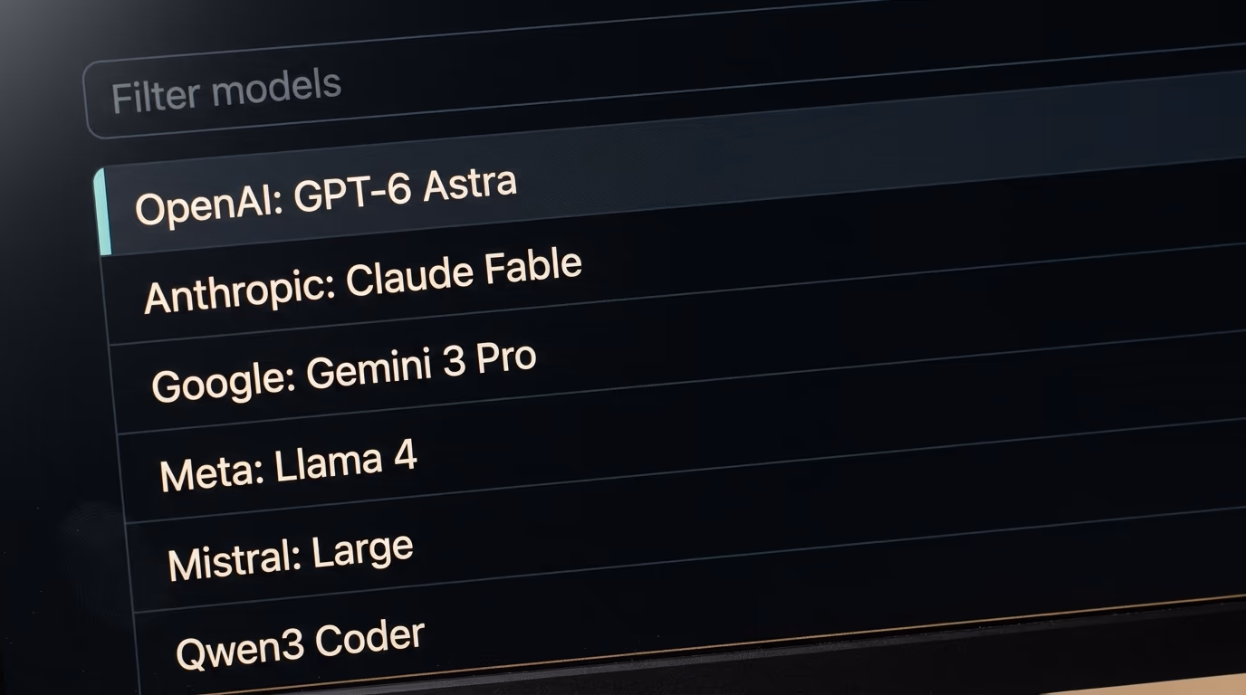The OpenRouter model list with GPT-6 Astra at the top beside models from other labs