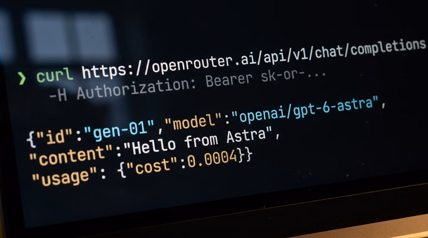 A terminal showing a first successful OpenRouter request to GPT-6 Astra with the cost returned