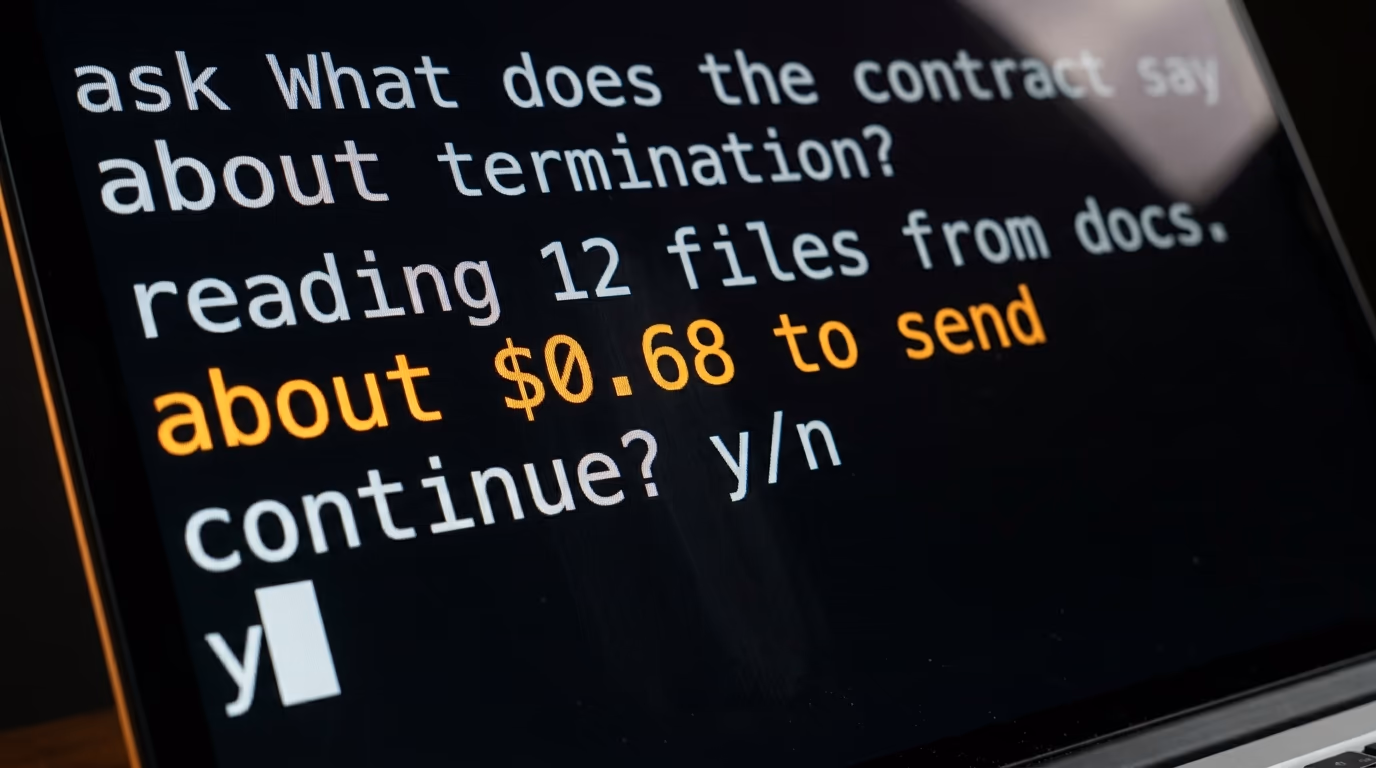 A terminal printing the estimated cost of a GPT-6 Astra question before sending it