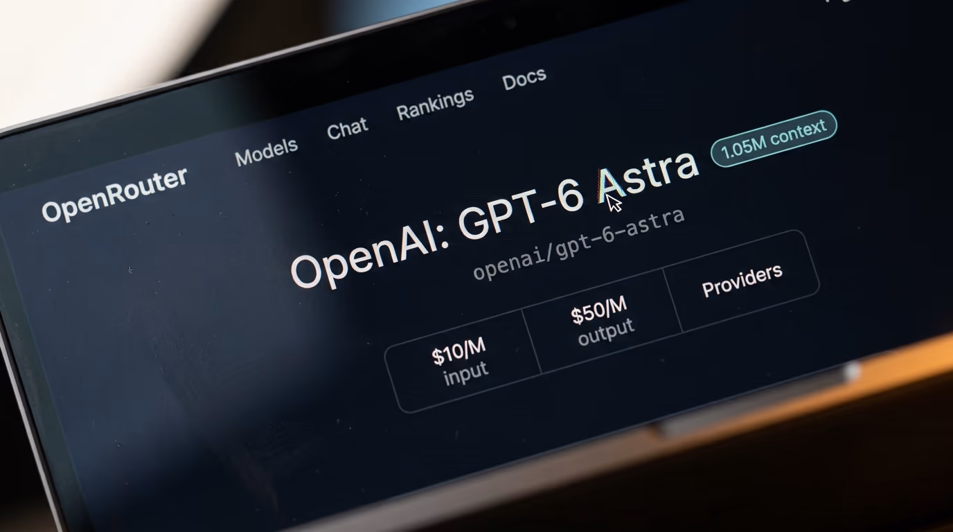 How to use OpenRouter, the GPT-6 Astra model page showing the price per million tokens