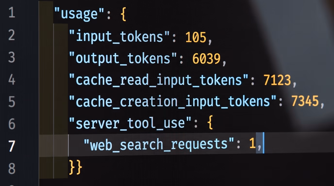 LLM API token billing, a usage object showing input tokens, output tokens and cache reads