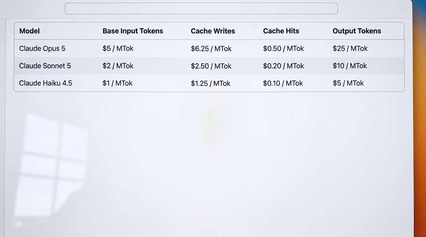 LLM API price table showing base input, cache writes, cache hits and output per million tokens