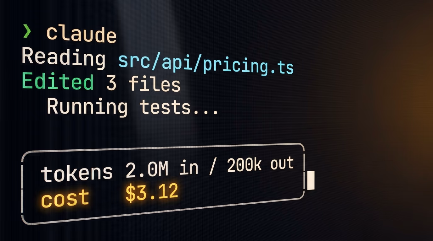 Coding agent token cost shown in a terminal session, 2.0M input tokens and 200k output tokens