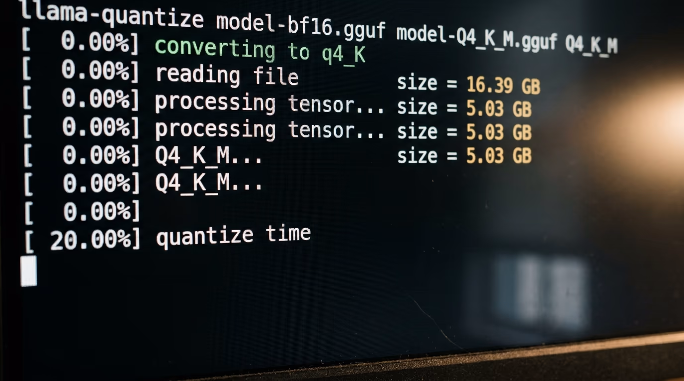 Terminal running the llama.cpp quantize command to produce a Q4_K_M file