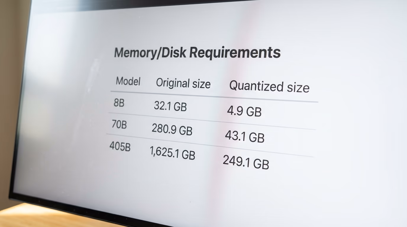 The llama.cpp memory and disk requirements table showing original and Q4_K_M sizes