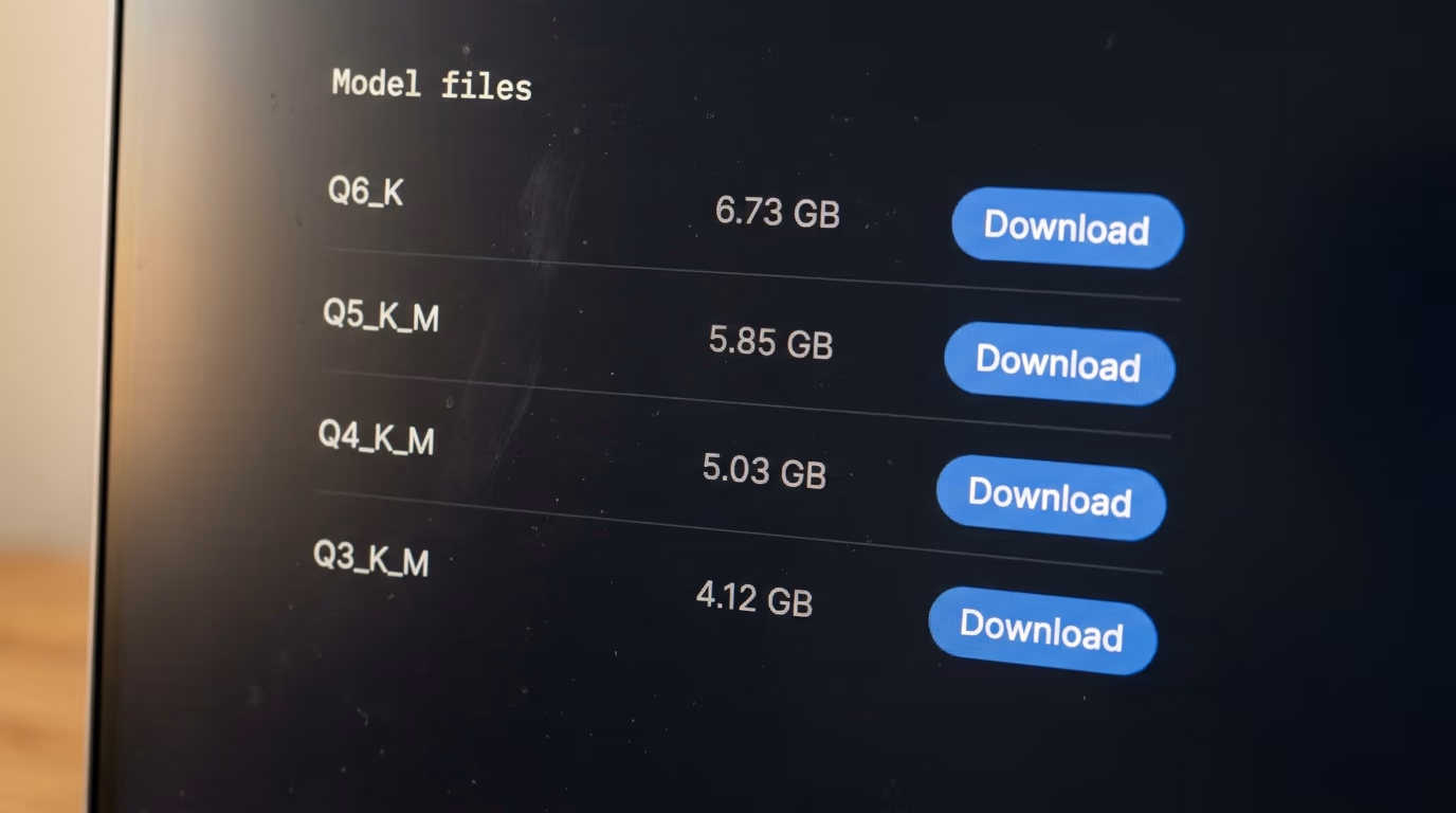 Model download list showing quantization builds and their sizes side by side
