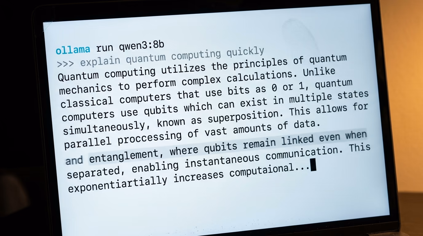 Ollama running a quantized model in a terminal with the answer streaming