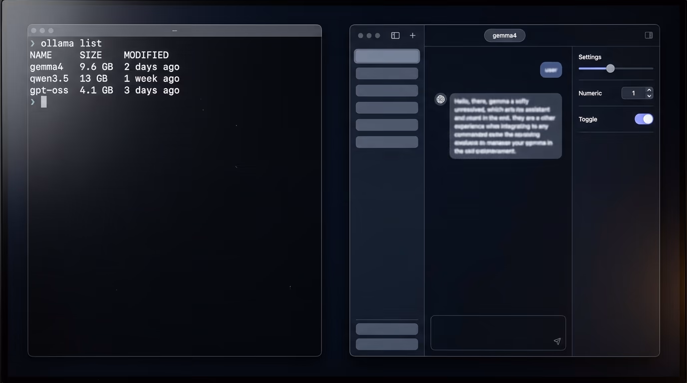 The difference between LM Studio and Ollama, a terminal window beside a settings panel