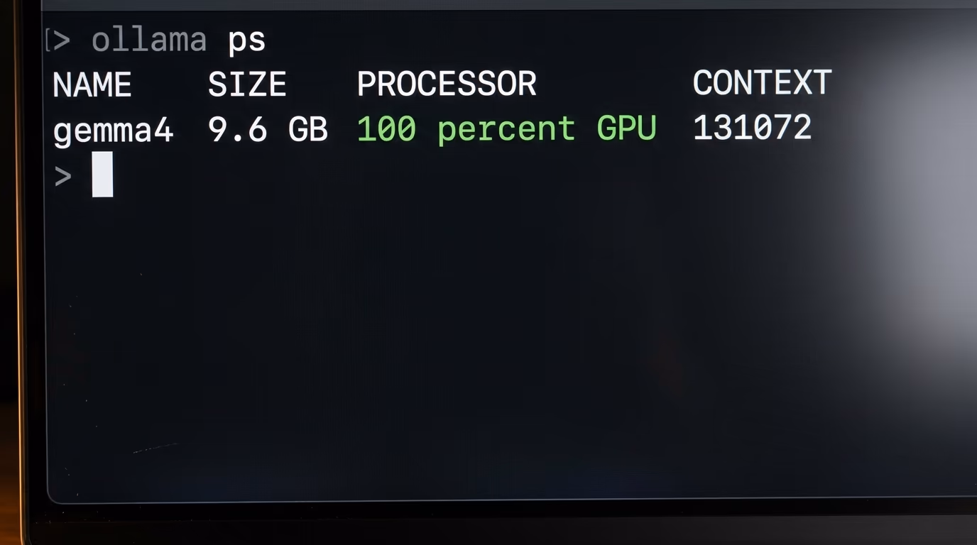 The ollama ps output showing the processor split and the context window