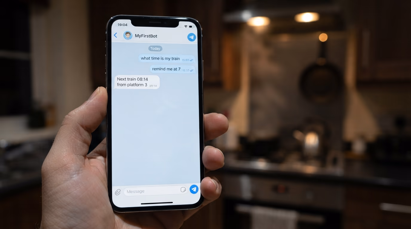 A Telegram bot answering a question on a phone held in a kitchen