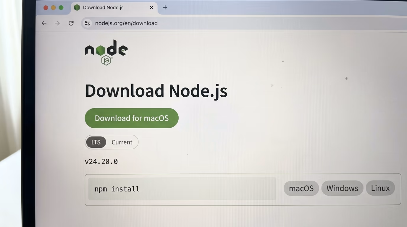 The Node.js download page showing the LTS version button
