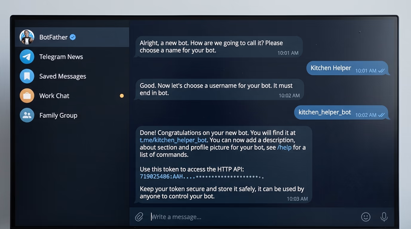 The BotFather conversation in Telegram showing the newbot command and the token
