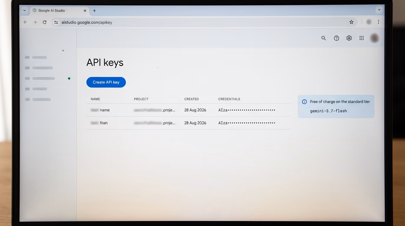 The Google AI Studio API keys page with the create button