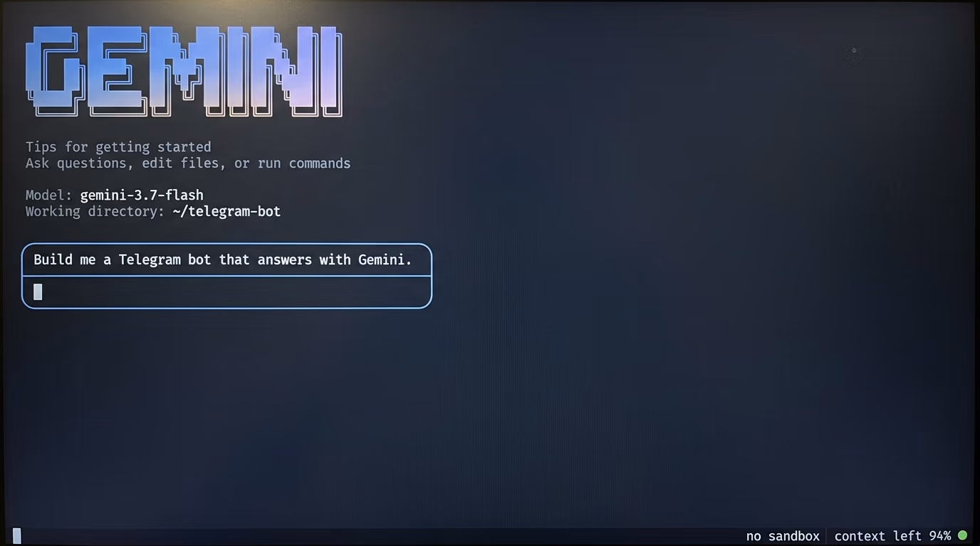 The Gemini CLI coding agent running in a terminal, waiting for a prompt
