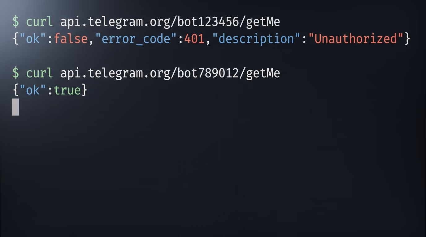 A terminal showing a Telegram token rejected with Unauthorized and then accepted