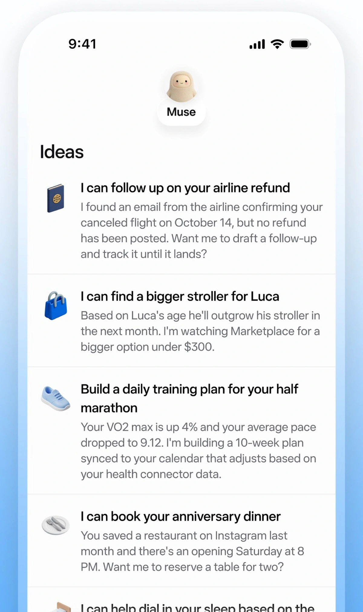 Meta Muse ideas screen suggesting an airline refund follow up, a stroller search and a training plan