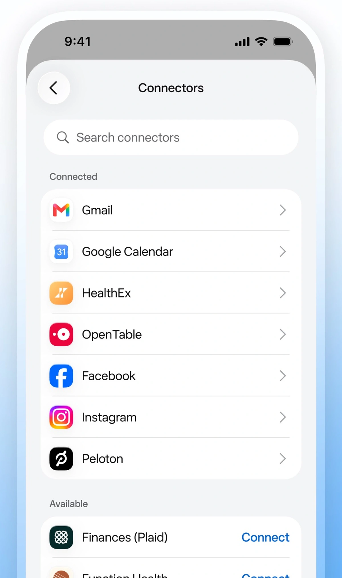 Meta Muse connectors screen listing Gmail, Google Calendar, OpenTable, Facebook, Instagram and Peloton