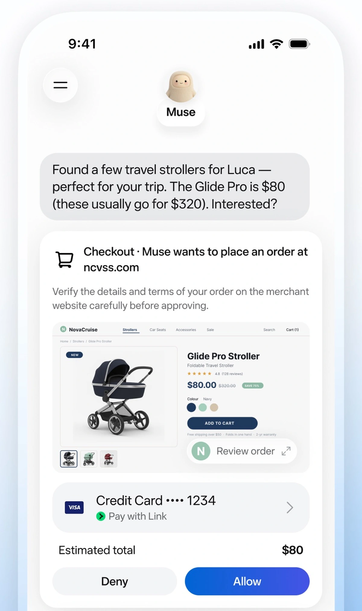 Meta Muse checkout approval screen showing the merchant, the item, the card and Deny and Allow buttons