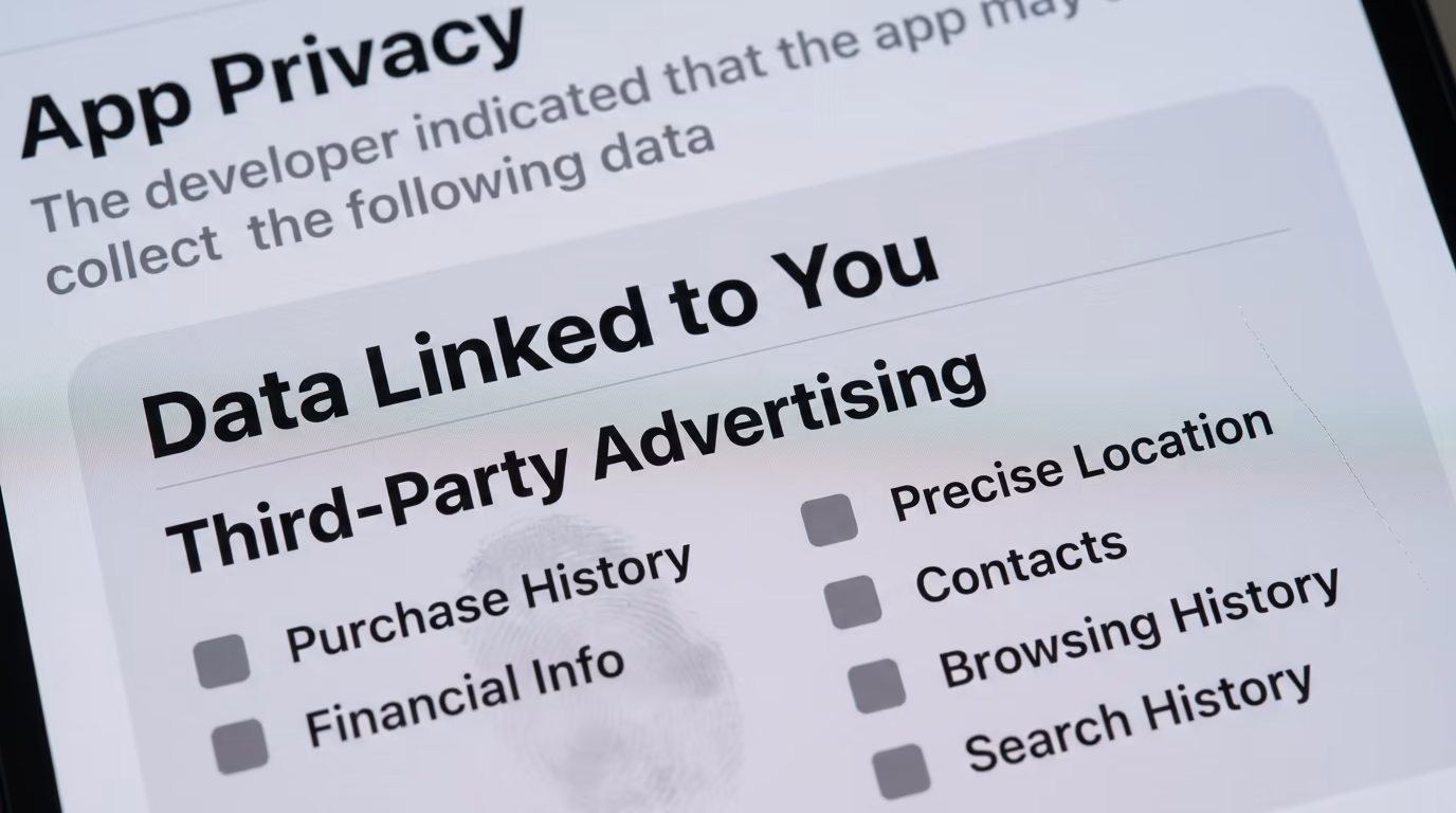 App Store privacy label showing data linked to you used for advertising by third parties