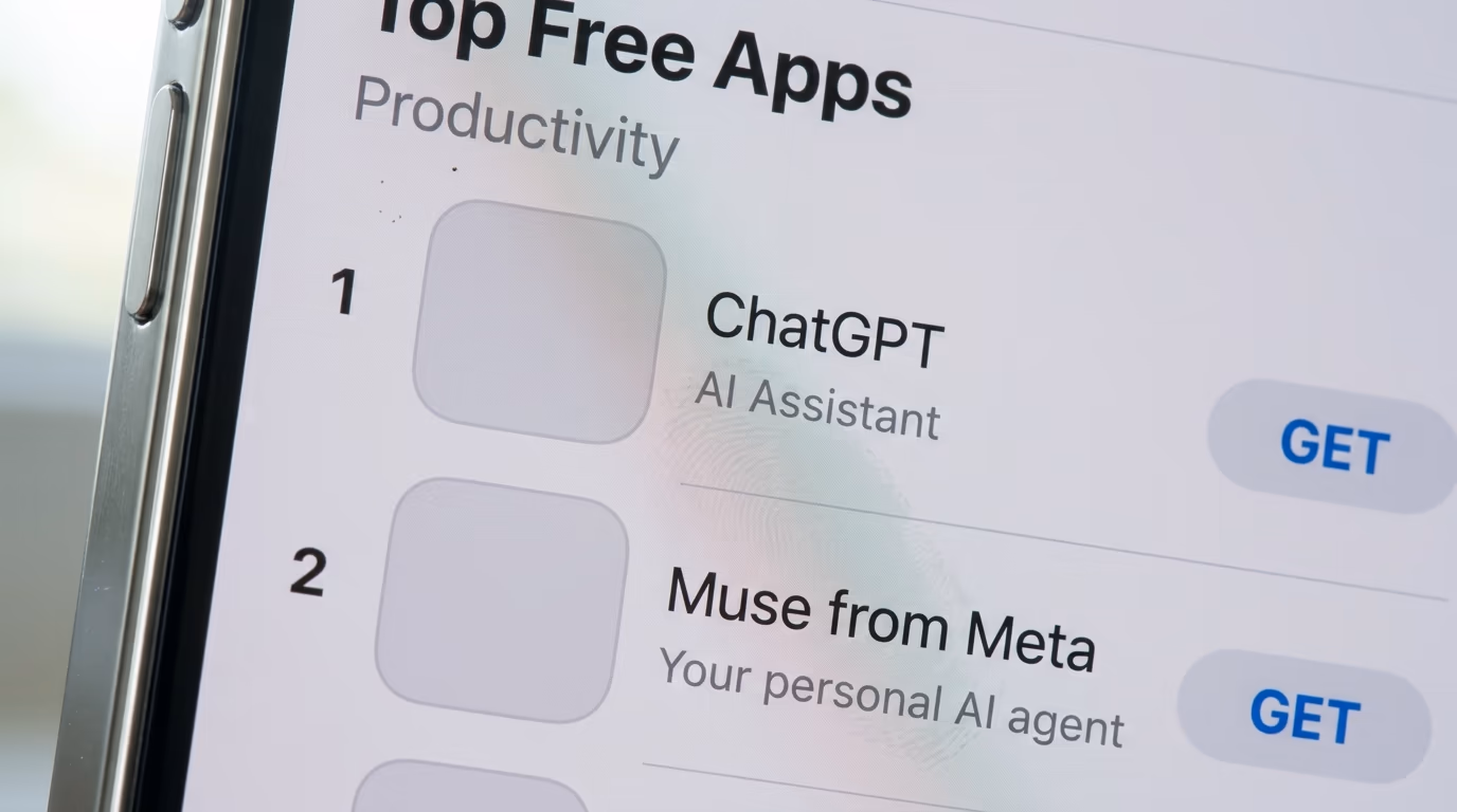 App Store productivity chart showing ChatGPT at number 1 and Muse from Meta at number 2