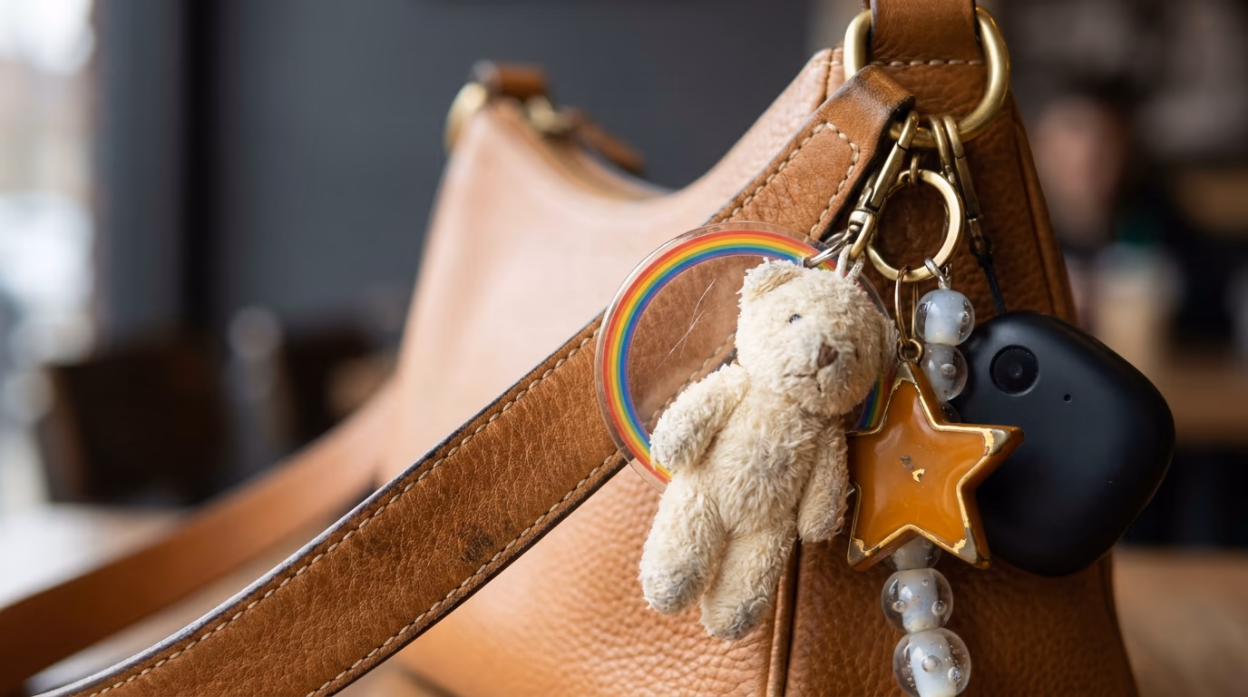 Bag charms and keyrings hanging from a leather handbag strap, the accessory habit the Meta Muse Charm is shaped for