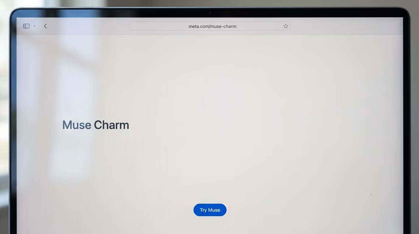 Meta's own Muse Charm product page open in a browser, empty apart from the product name and a button