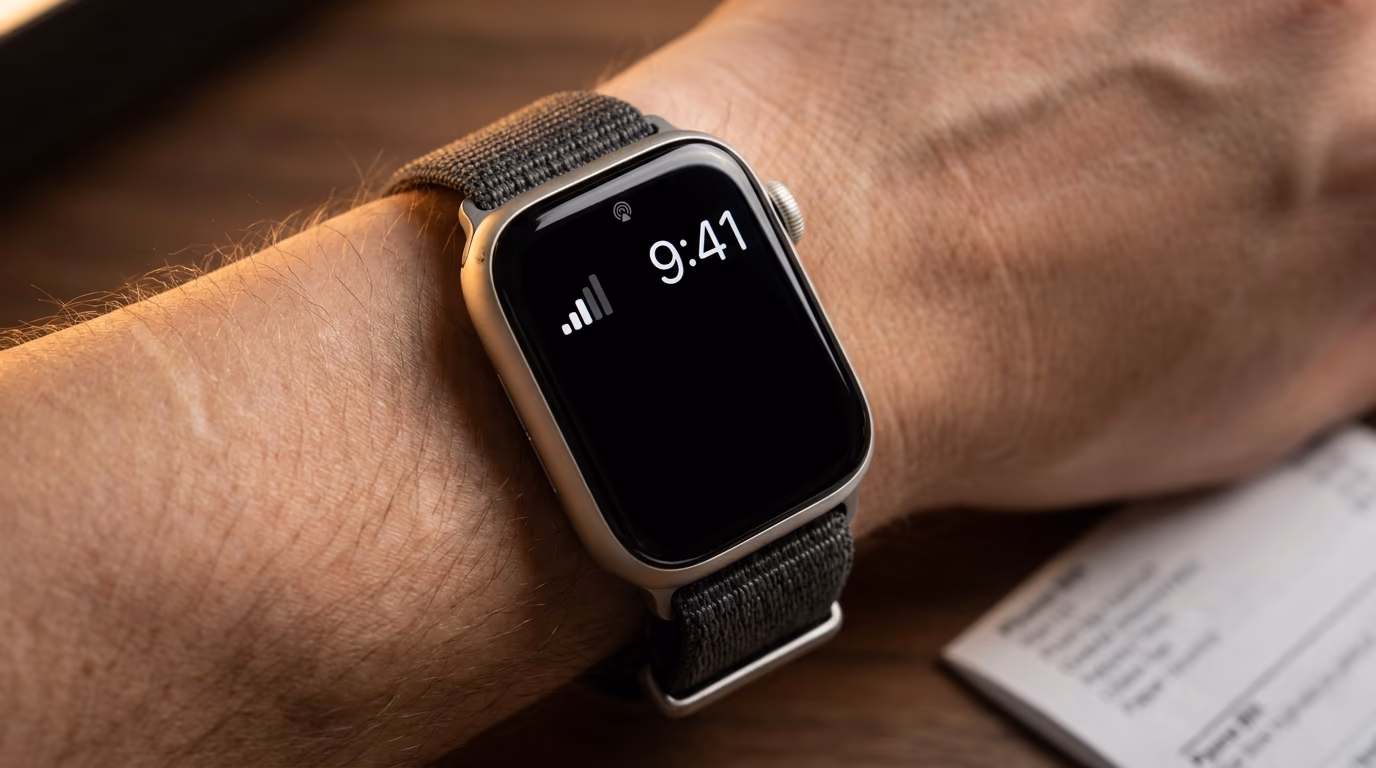 A cellular smartwatch on a wrist showing its own mobile signal bars, the monthly line a connected gadget needs
