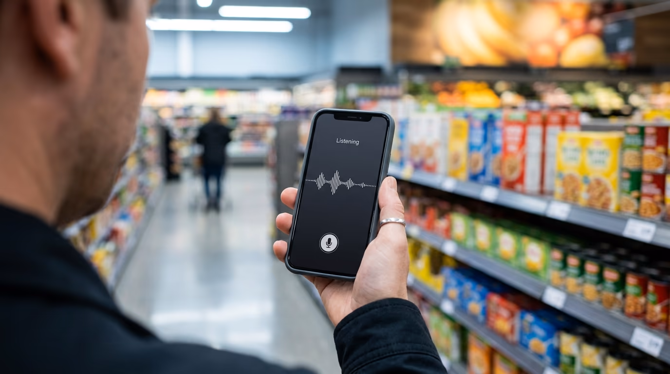 A hand holding a phone with a voice assistant listening on screen in a supermarket aisle, where Muse already works